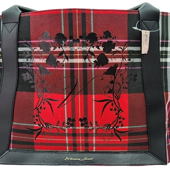 Victoria's Secret Women's Holiday Plaid Floral Tote Bag Hand Bag - Picture 4 of 11